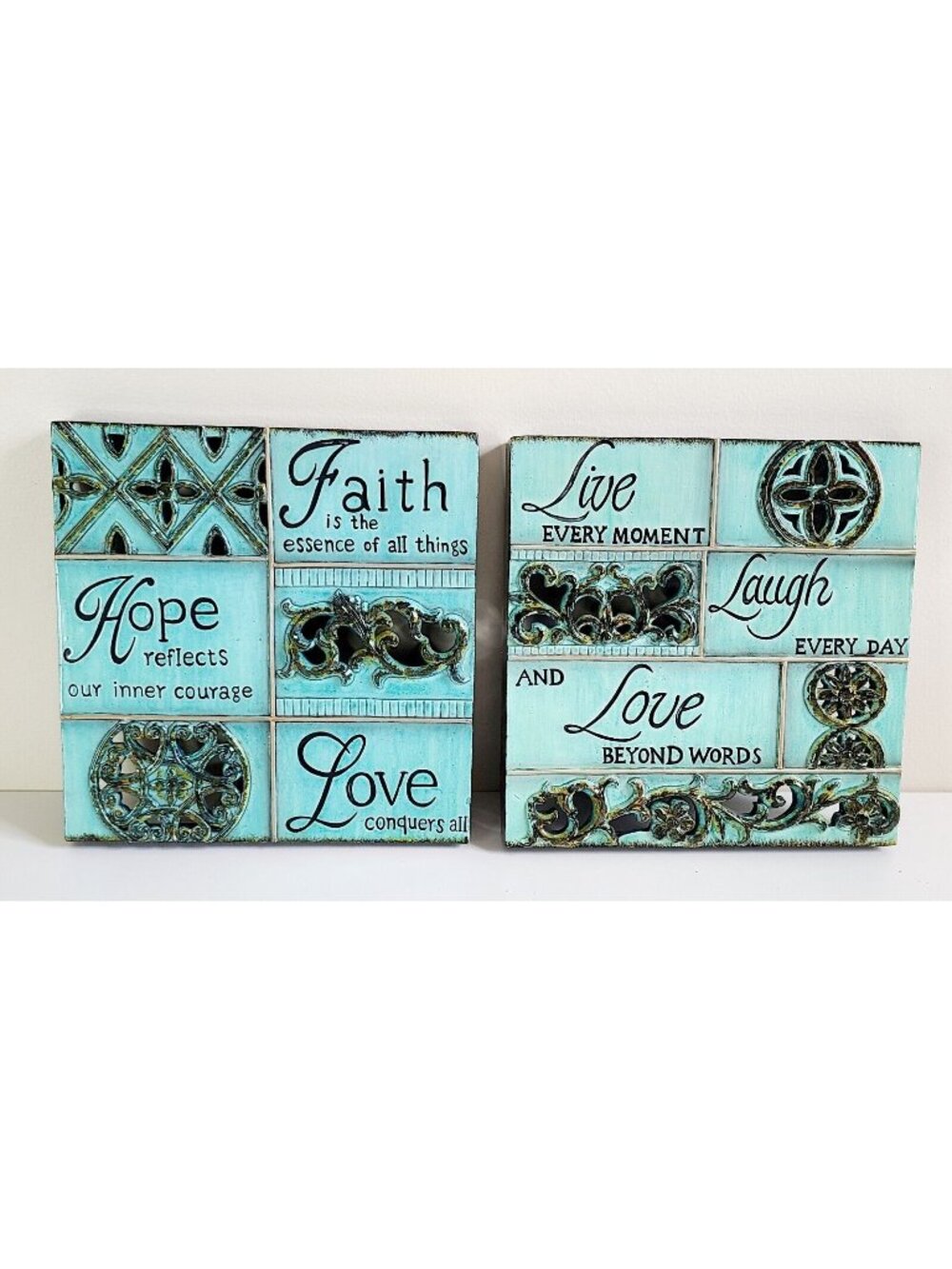 Live Laugh Love Home Decor Enamel Finish Wall Art Set Teal Brown 9.5"x9.5"